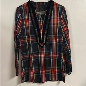 J. Crew Blue and Red V-Neck Bib Collar Blouse